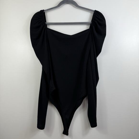 PrettyLittleThing New Black Ribbed Long Puff Sleeve Bodysuit US 8 Square Neck - Picture 14 of 15